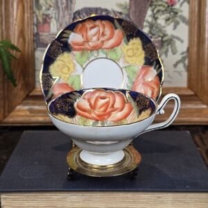 Vintage Taylor & Kent Bone China Teacup & Saucer Cobalt Blue & Orange Roses